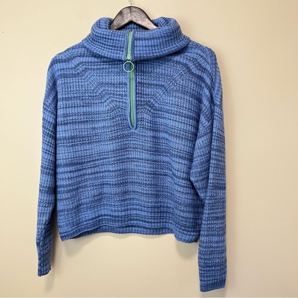 Aerie Oversized Wool Blend Cropped Stripe Sweater - Blue - Funnel Neck - Picture 3 of 13